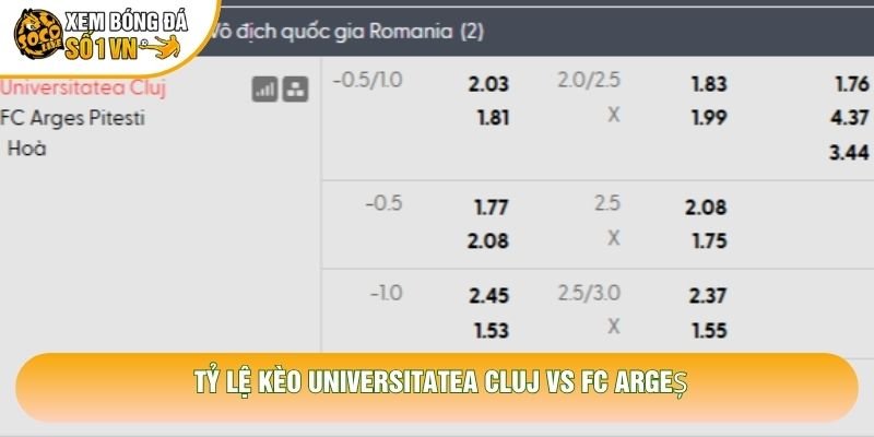 Tỷ lệ kèo Universitatea Cluj vs Fc Argeș Tỷ lệ kèo Universitatea Cluj vs Fc Argeș